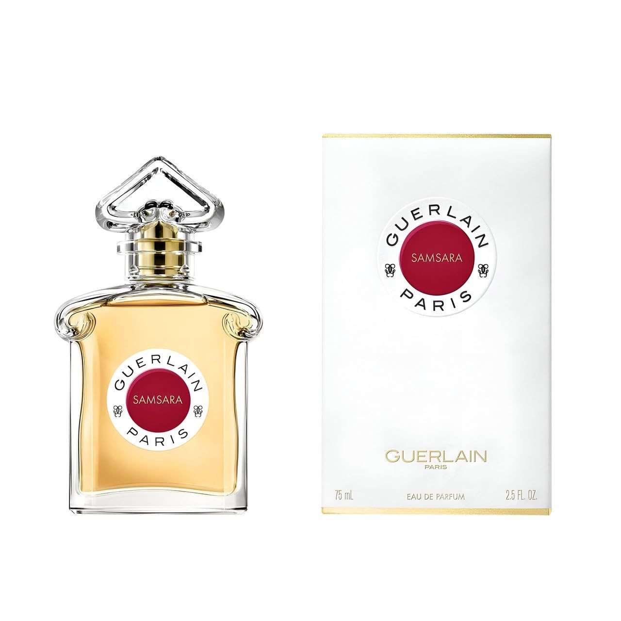 Flacon de parfum et emballage. Flacon avec étiquette rouge. Emballage avec logo et inscription: Eau de Parfum.