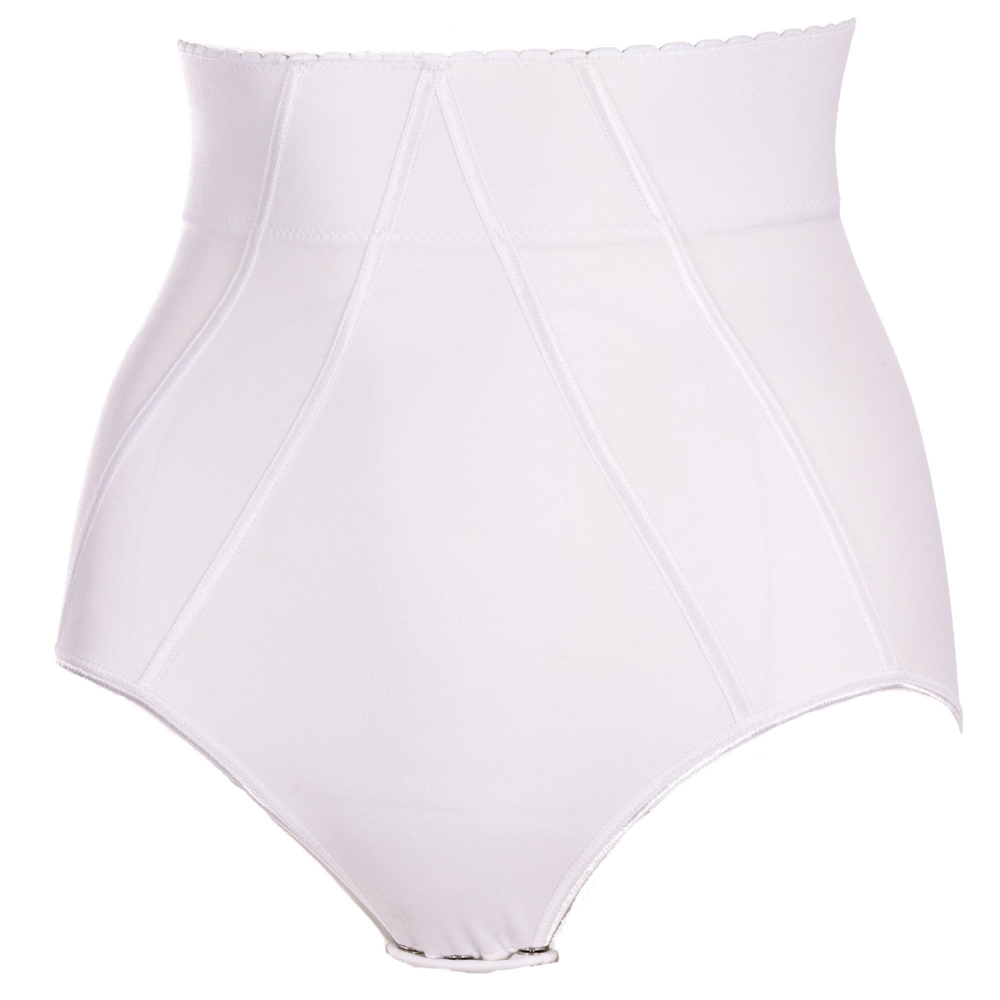 Witte postpartum broek met hoge taille. Katoen. Verticale naden. Productweergave.