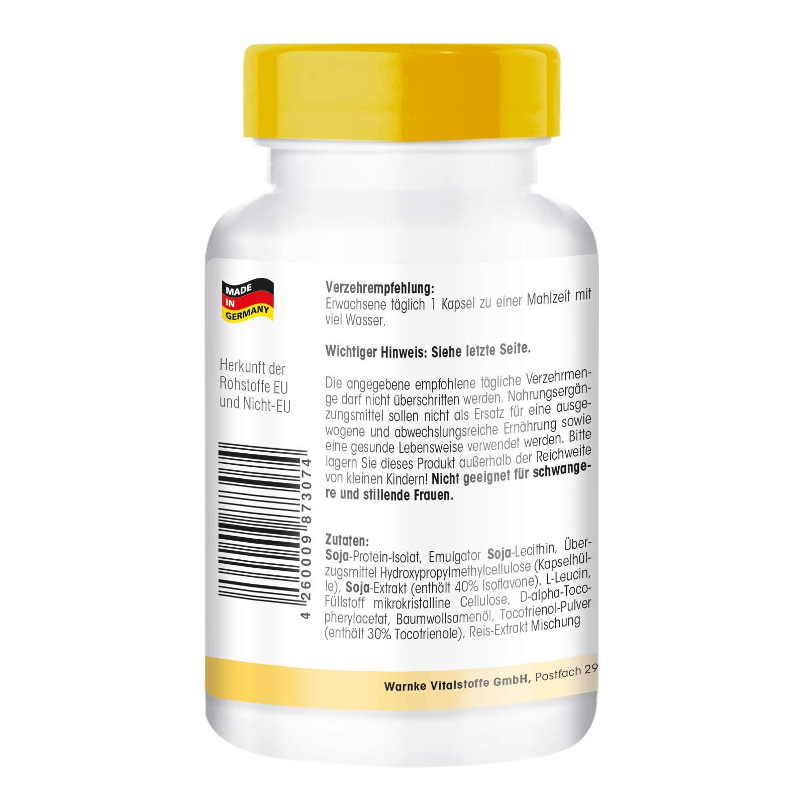 Achterkant van de fles. Tekst: aanbevelingen, belangrijke informatie, ingrediënten. Herkomst EU en niet-EU. Made in Germany.