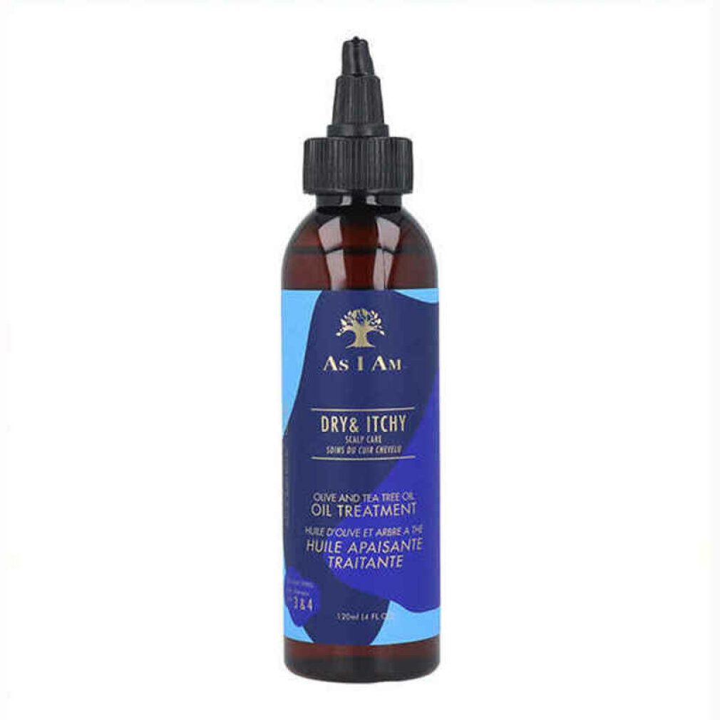 Bruine fles met zwarte applicator. Label met logo en tekst: Dry & Itchy Scalp Care, Olive & Tea Tree Oil Treatment.