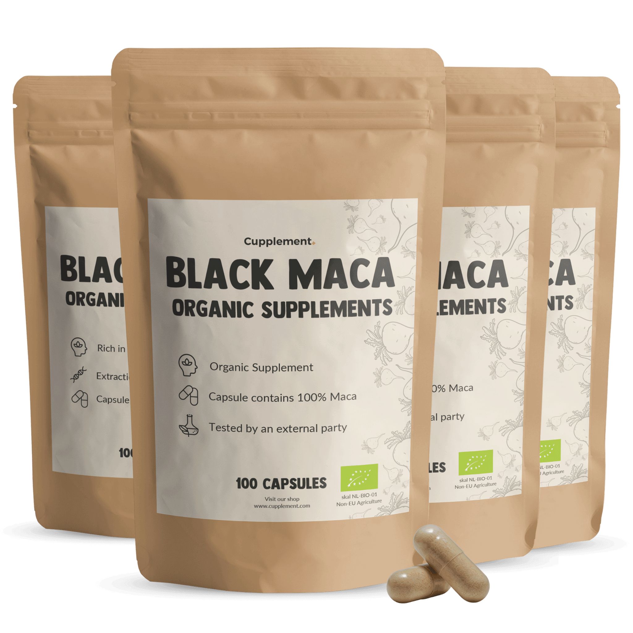 Sachet de gélules. Inscription : Black Maca Organic Supplements. Contient 100 gélules. Deux gélules à côté.