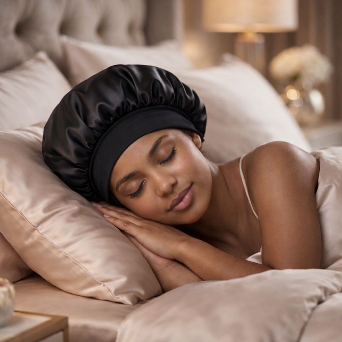 Bonnet de nuit noir en satin avec large élastique.