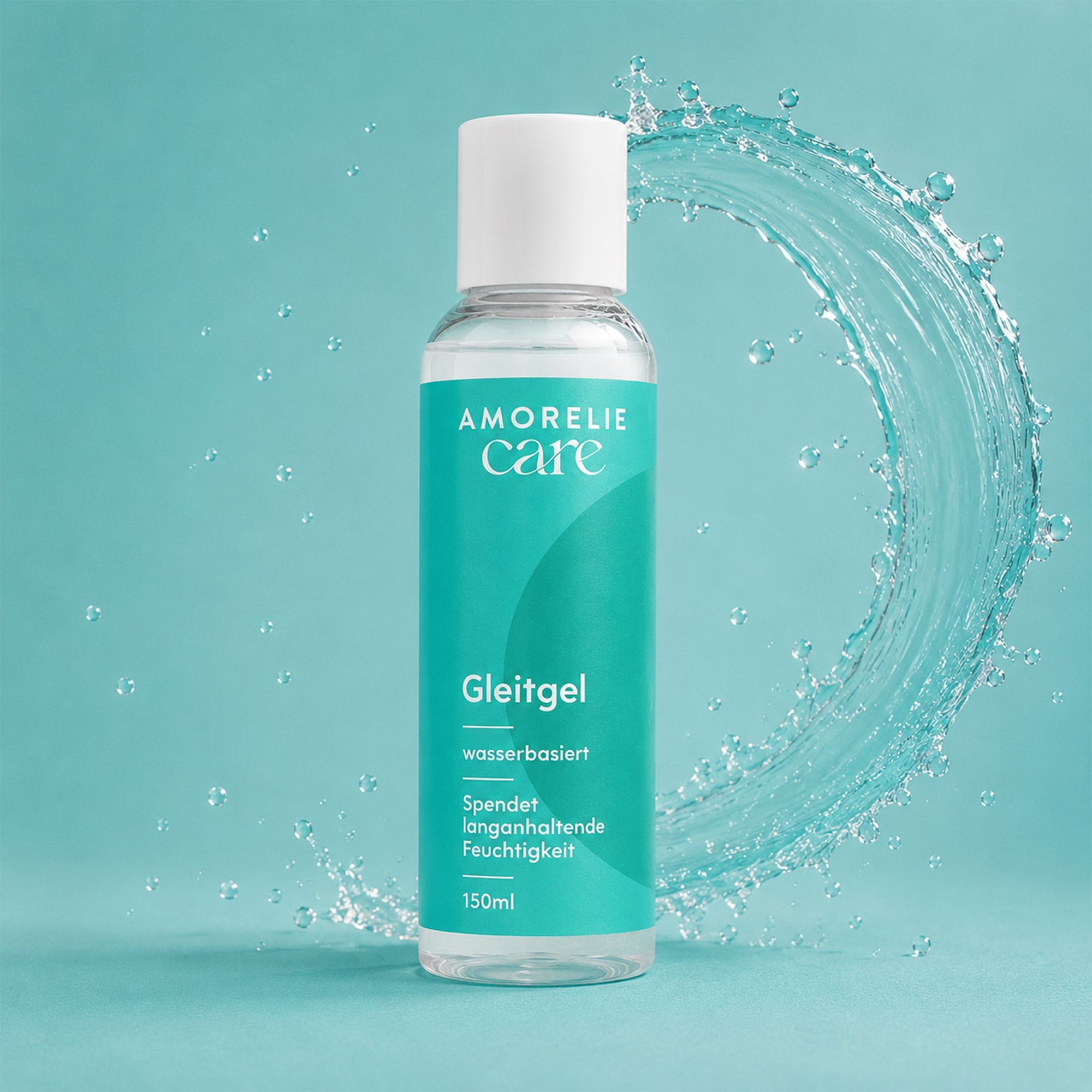 Gel lubrifiant AMORELIE Care avec un jet d'eau en arrière-plan.