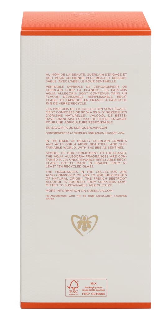 Witte rechthoekige verpakking met tekst. Oranje deksel. FSC-logo en bij.