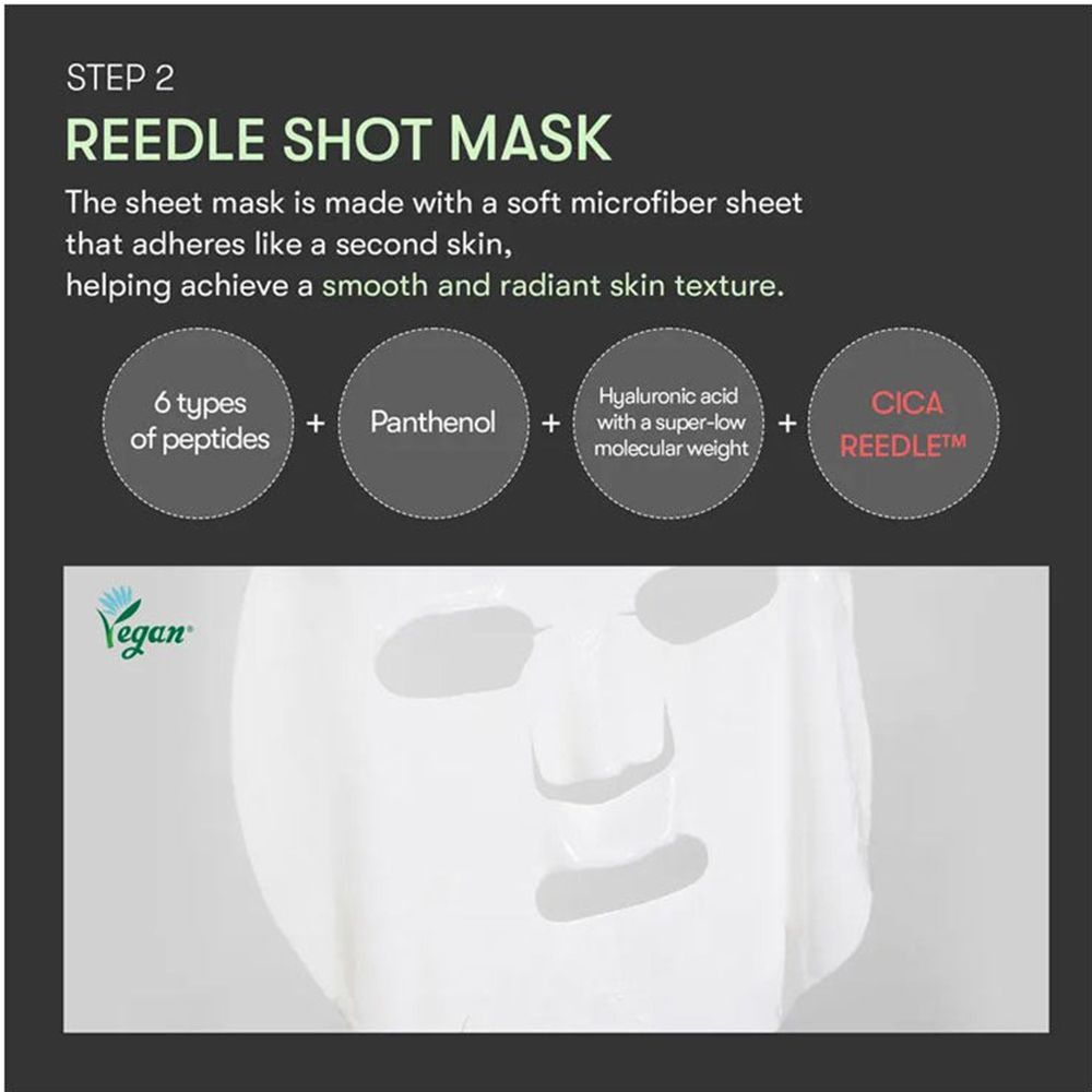 Afbeelding met tekst en cirkels. Ingrediënten: peptiden, panthenol, hyaluronzuur, Cica Reedle. Veganistisch logo.