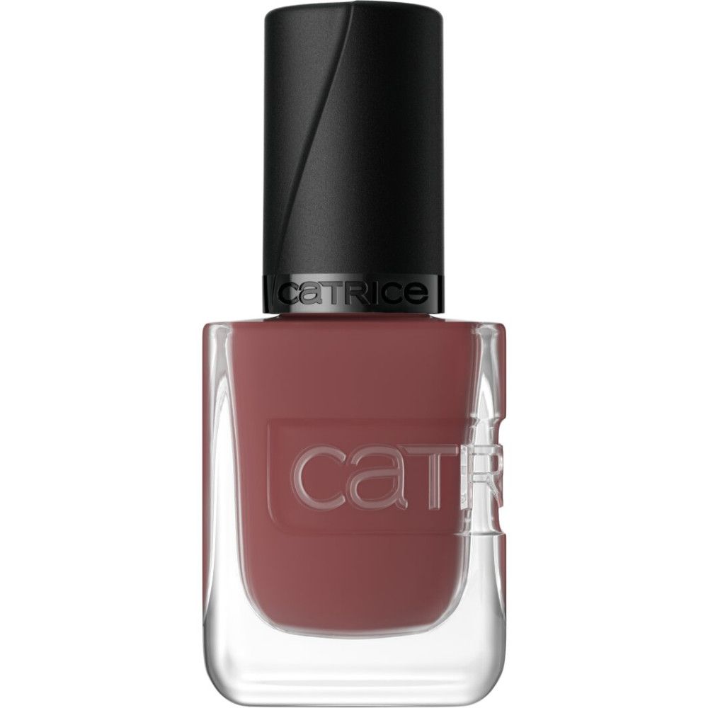 Catrice nagellakfles in roodbruin met zwarte dop.
