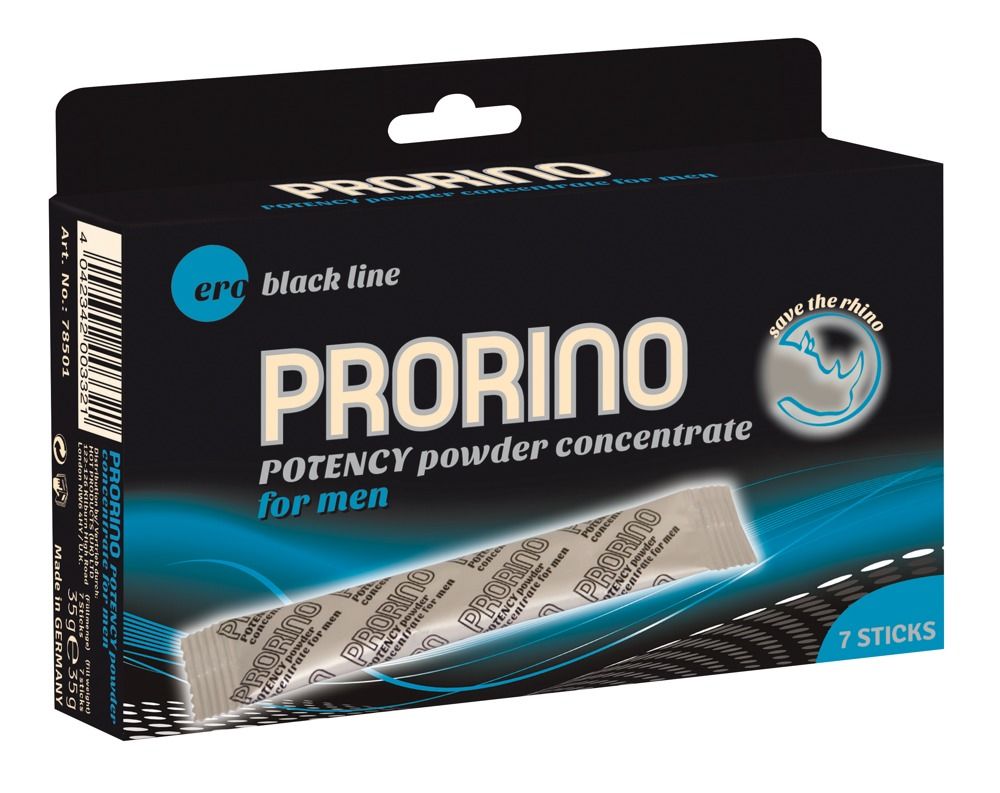 Zwarte doos met PRORINO. Bevat 7 sticks. Tekst: Potency powder concentrate for men. Logo: Save the rhino.