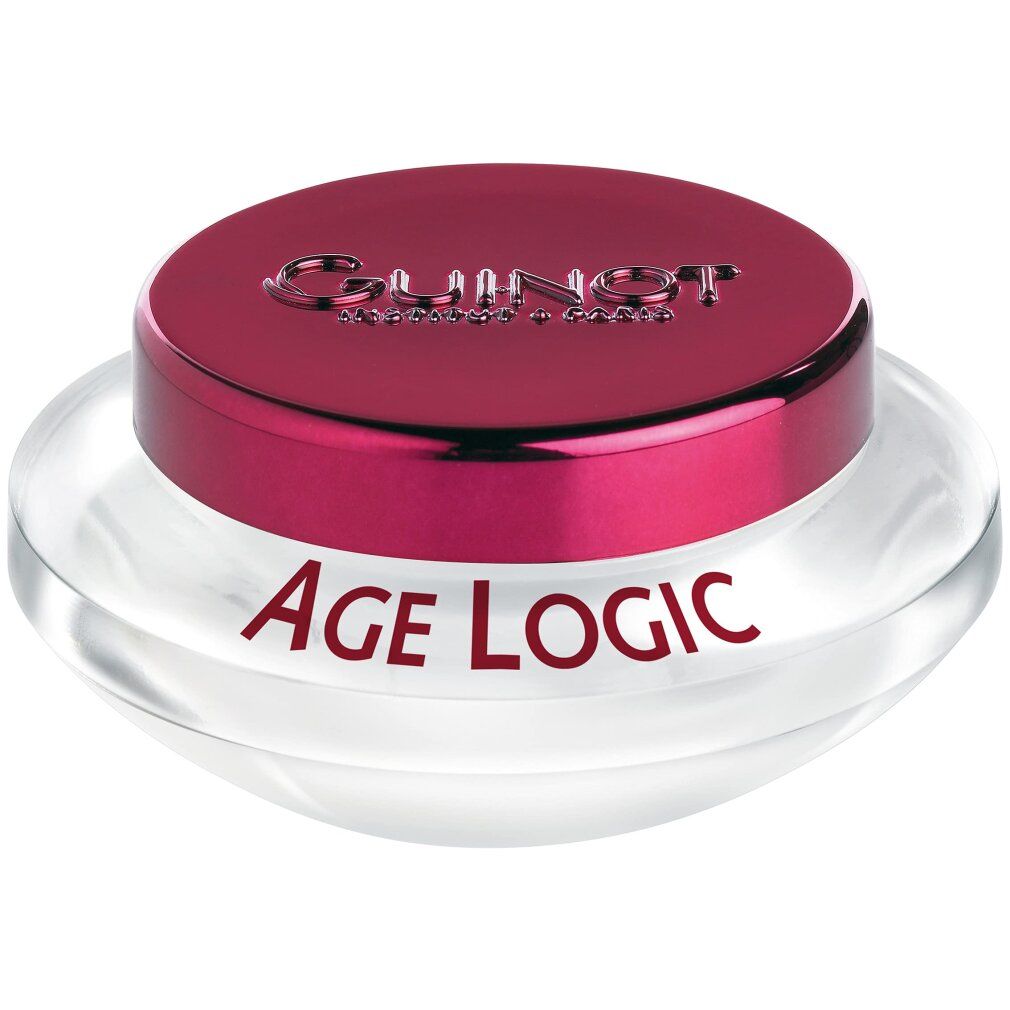 Pot de crème avec couvercle rouge. Inscription: Guinot, Age Logic. Récipient transparent.