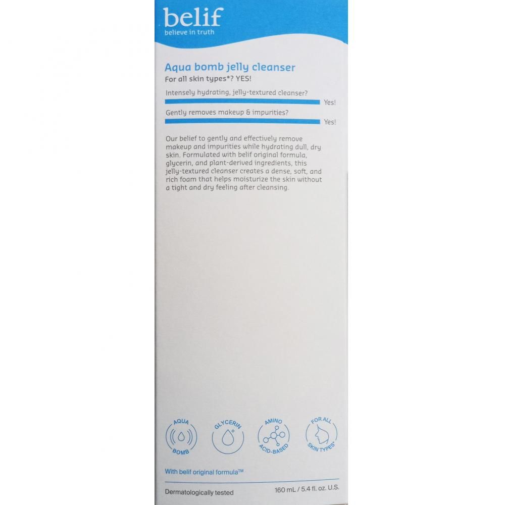 Arrière du tube Belif Aqua Bomb Jelly Cleanser avec informations produit.