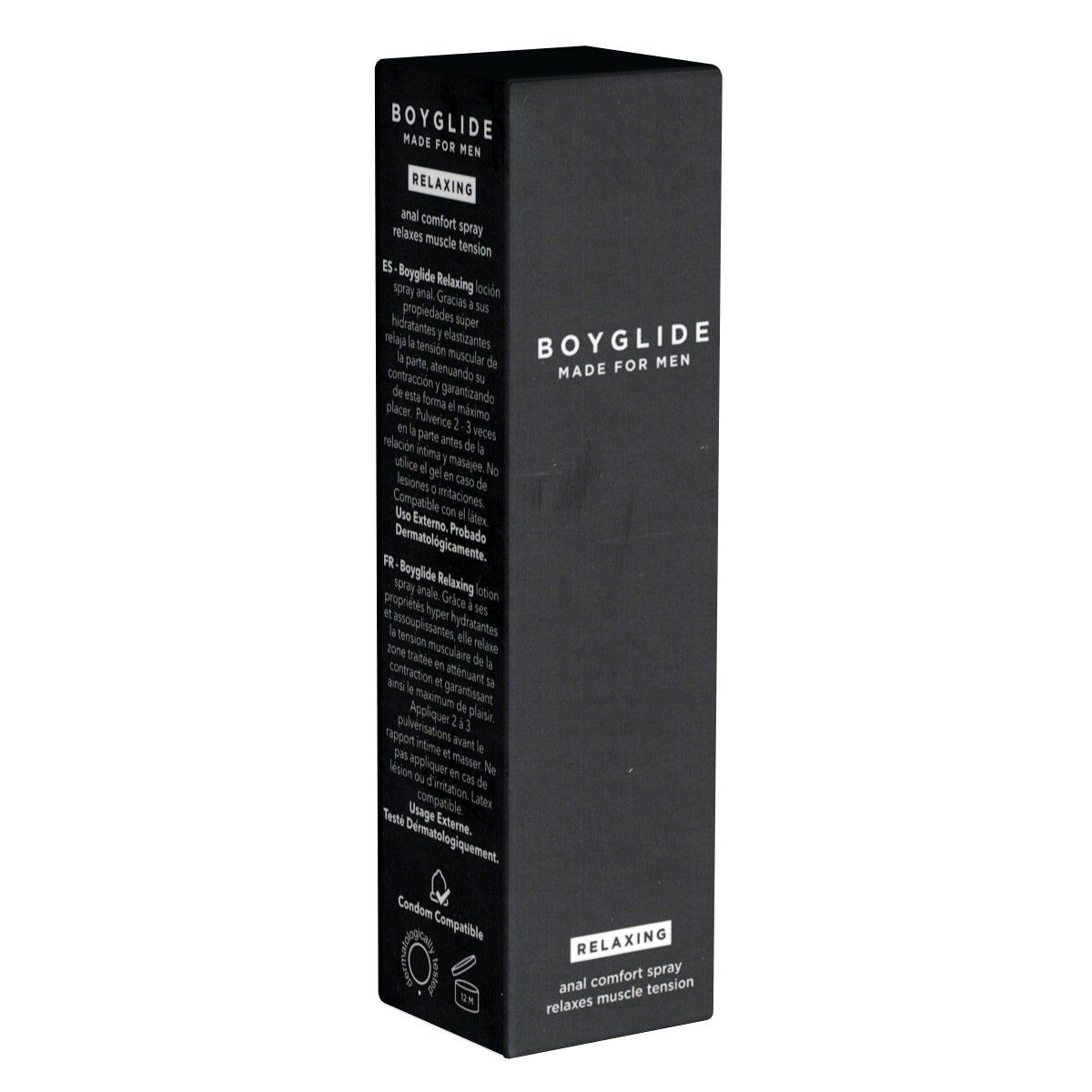 Zwarte rechthoekige verpakking. Opschrift: BOYGLIDE MADE FOR MEN. Relaxing. Anal Comfort Spray. Ontspant spierspanning. Meertalige tekst.