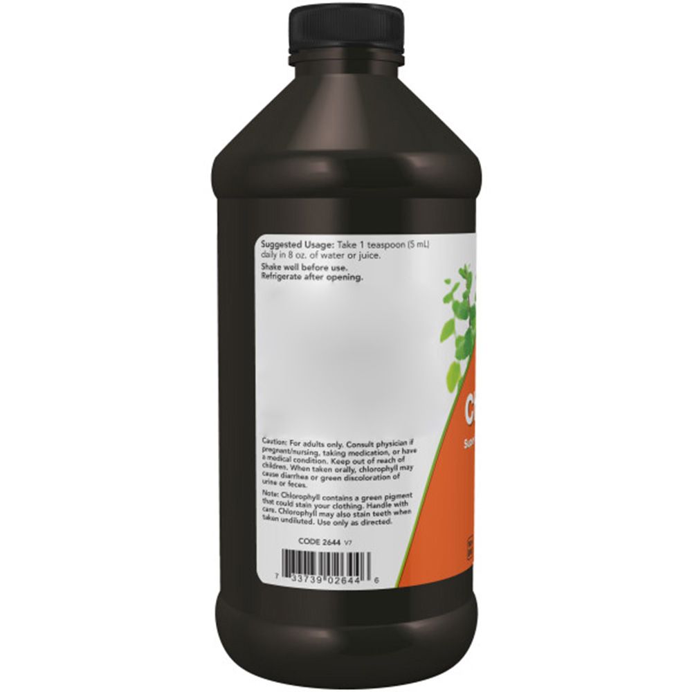 Dos de la bouteille. Étiquette avec instructions d'utilisation et avertissements. Bouteille marron avec bouchon noir. Logo "NOW".