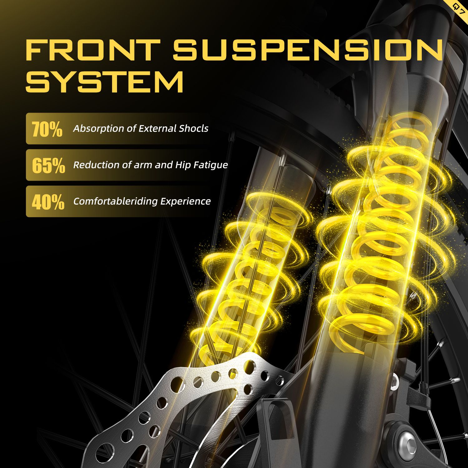 Suspension avant avec ressorts jaunes. Informations sur l'absorption des chocs, la réduction de la fatigue et le confort.