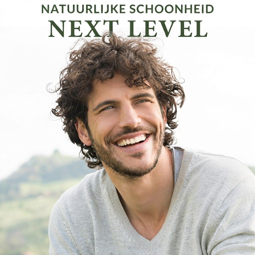 Een man met krullend haar lacht naar rechts. Hij draagt een grijs shirt. Op de achtergrond is een groen landschap.