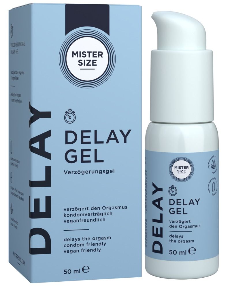 Productverpakking en fles. Opschrift: Mister Size Delay Gel. Vertraagt het orgasme. Veganistisch.