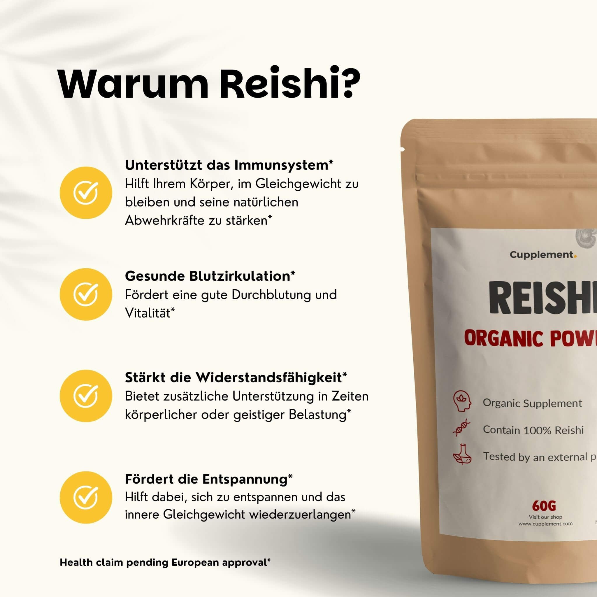 Sachet en papier brun de poudre bio de Reishi, 60g. Contient 100% Reishi.