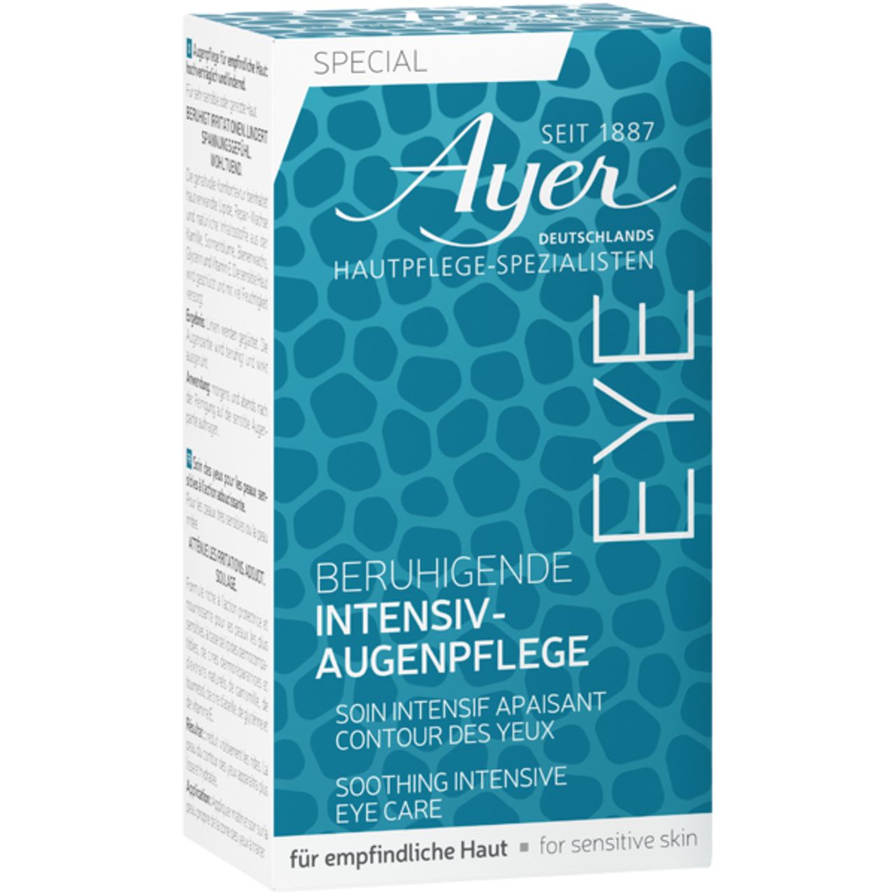 Ayer Eye Care. Emballage. Texte : Beruhigende Intensiv-Augenpflege, Soin intensif apaisant contour des yeux, Soothing Intensive Eye Care.