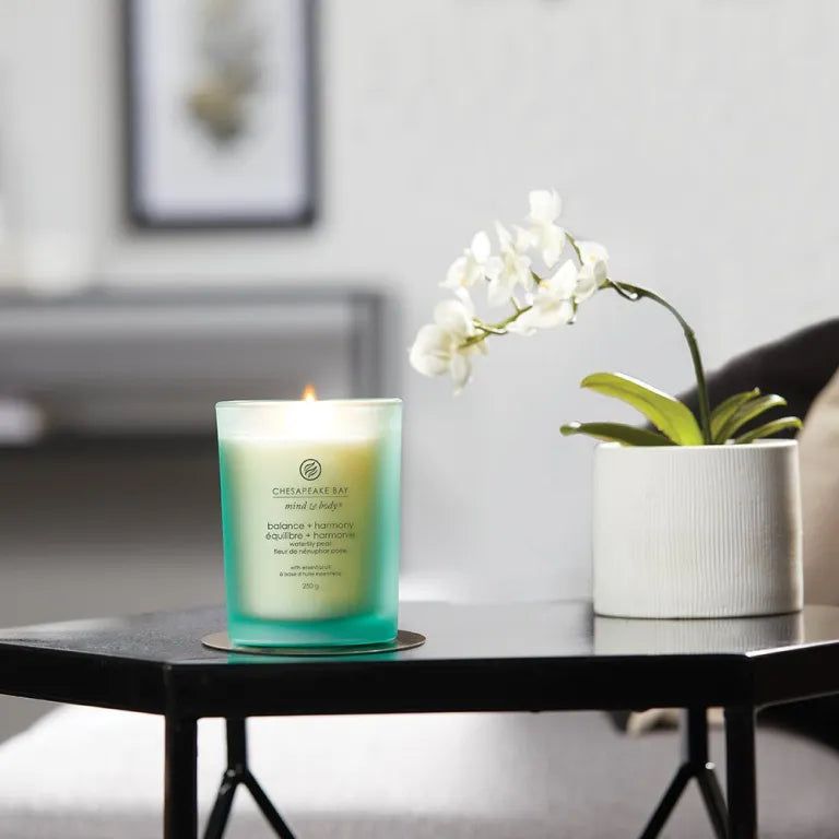 Bougie verte allumée sur table. Inscription: Chesapeake Bay, balance + harmony. À côté d'une orchidée en pot.