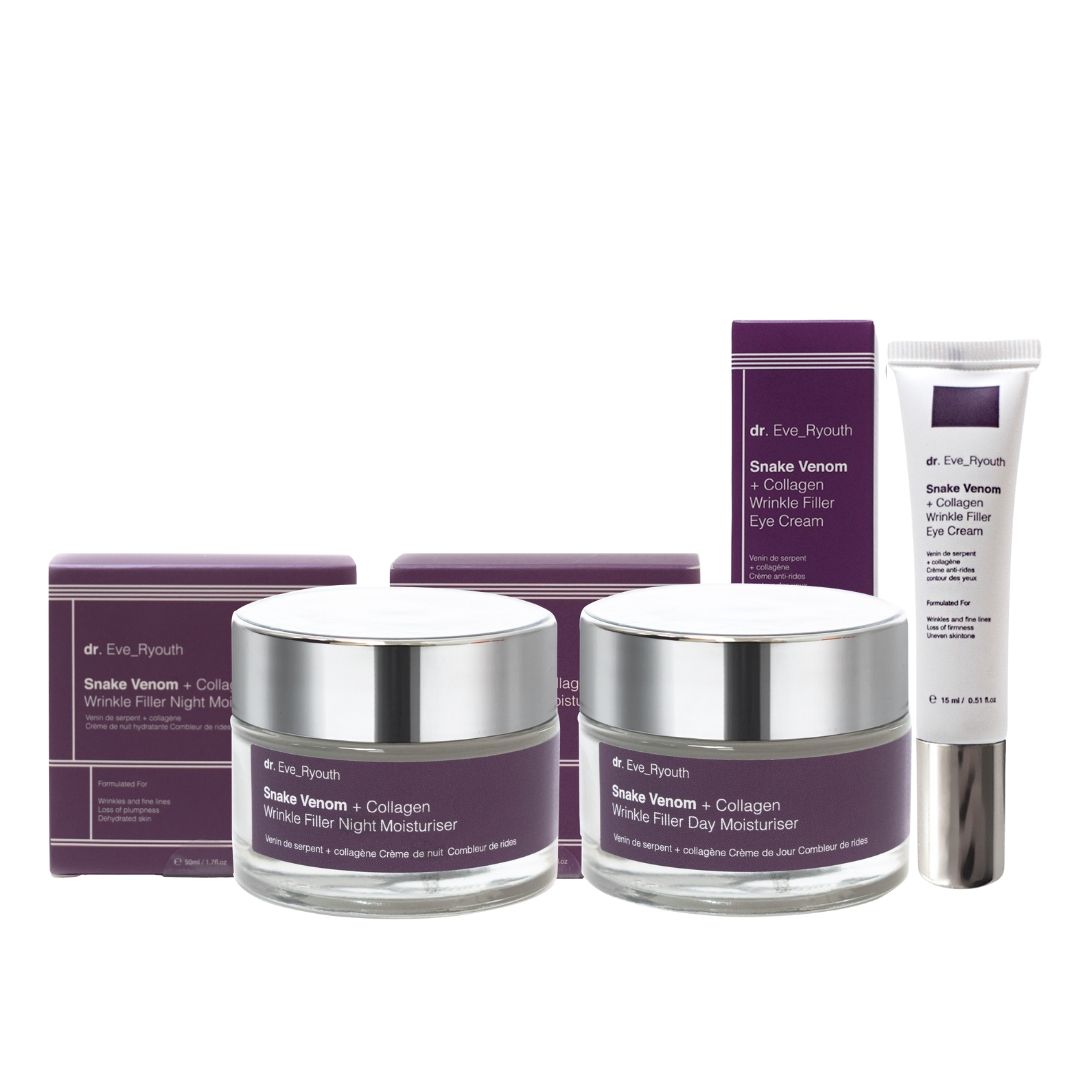 Cosmeticaset met twee crèmes in potten, oogcrème in tube en twee dozen. Paarse etiketten, zilveren deksels. Merk: Dr. Eve_Ryouth.