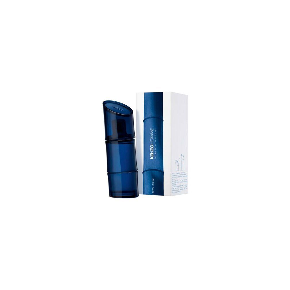 Flacon de parfum bleu et emballage blanc avec ligne verticale bleue et texte. Sur fond blanc.