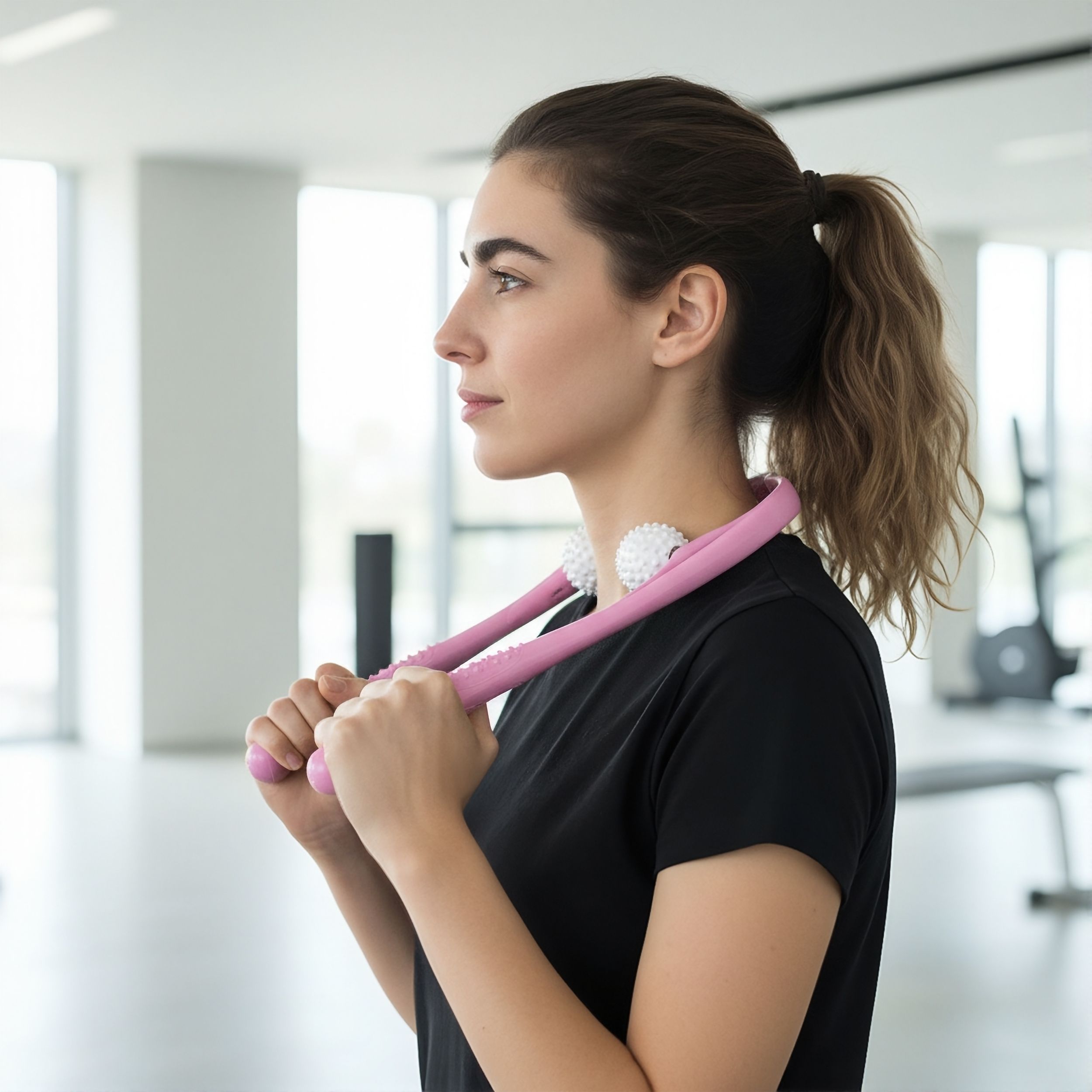 Roze nek- en schoudermassager, vrouw houdt het vast. Twee witte ballen. Zwart T-shirt, sportschool achtergrond.