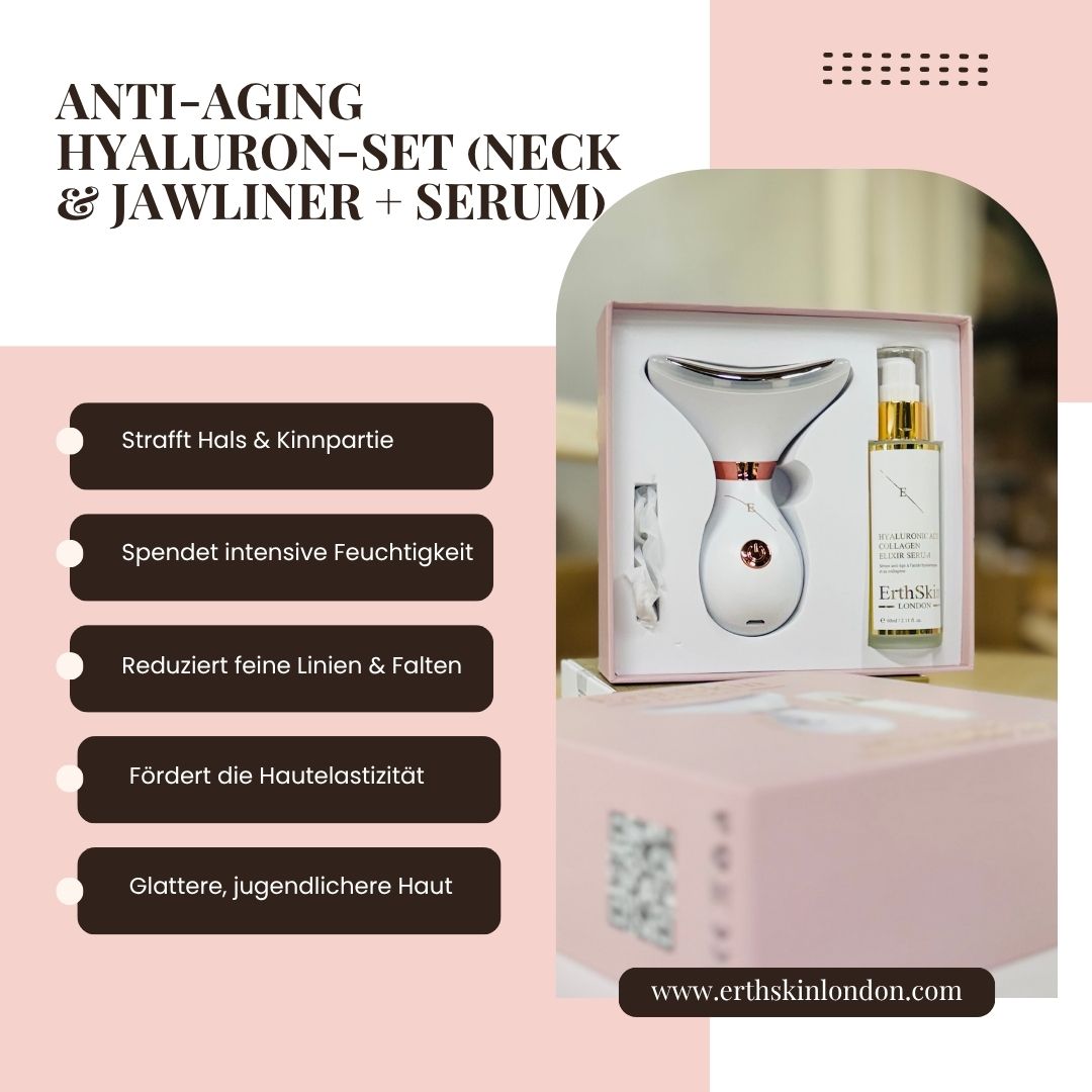 Emballage rose avec appareil et sérum. Texte : Anti-âge Hyaluron-Set. L'appareil a une forme incurvée. Avantages énumérés sur l'emballage.