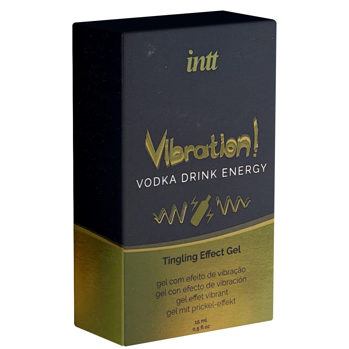 Zwarte doos met gouden tekst: INTT, Vibration! Vodka Drink Energy, Tingling Effect Gel. 15 ml.