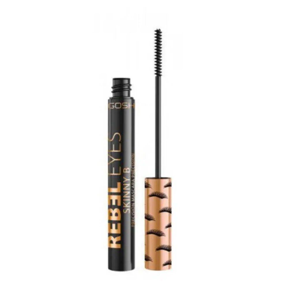 Zwarte mascara tube met gouden dop en belettering. Borstel ernaast. GOSH Rebel Eyes Skinny B Precision Mascara.