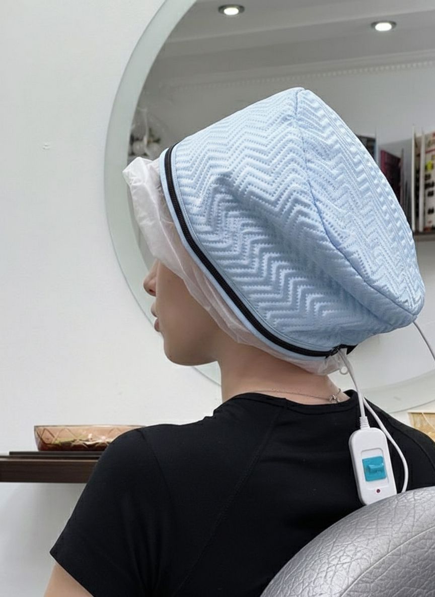 Personne portant une hotte à vapeur électrique bleue pour soins capillaires, avec câble et interrupteur.