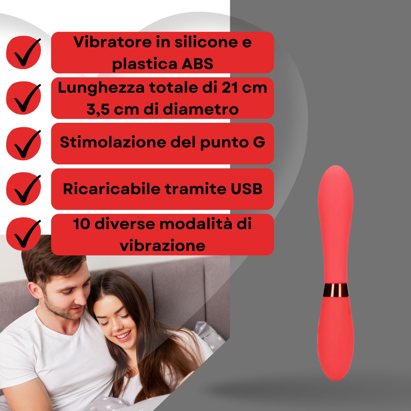 Rode vibrator naast een lijst met kenmerken: siliconen/ABS, 21cm, G-spot, USB-oplaadbaar, 10 modi.