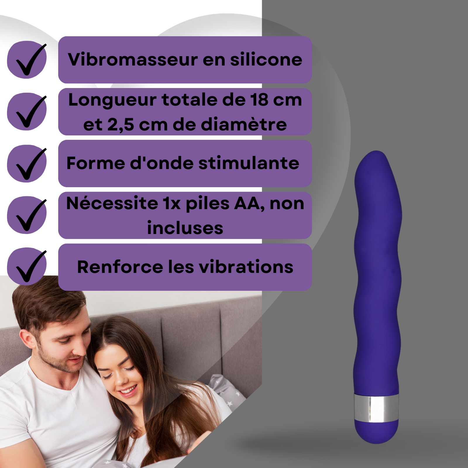 Vibromasseur bleu ondulé. Longueur 18 cm, diamètre 2,5 cm. Sur socle. Dimensions indiquées.