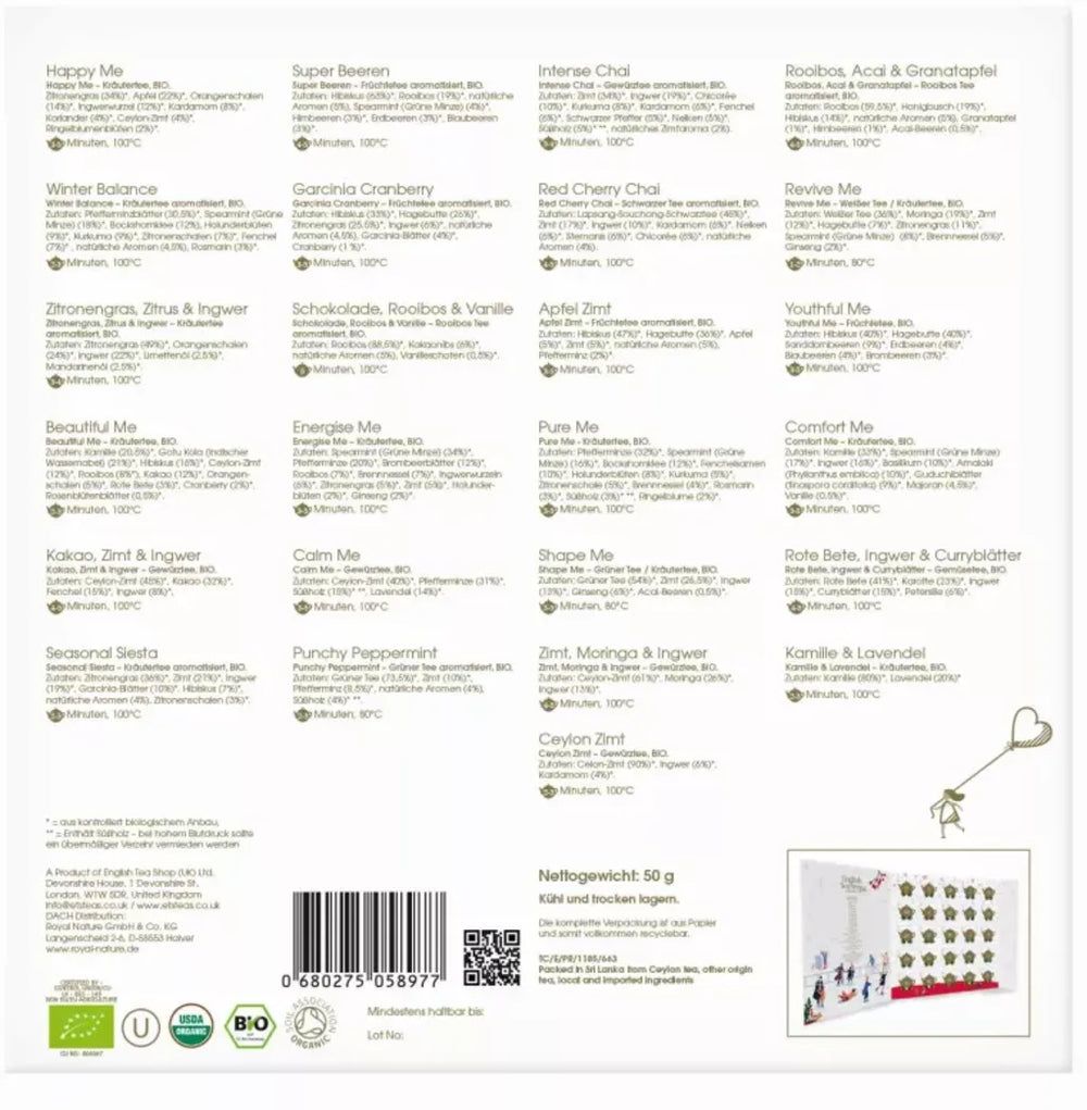 Dos du calendrier de l'Avent. 25 variétés de thé listées. Label bio. Code QR. Poids net 50g.