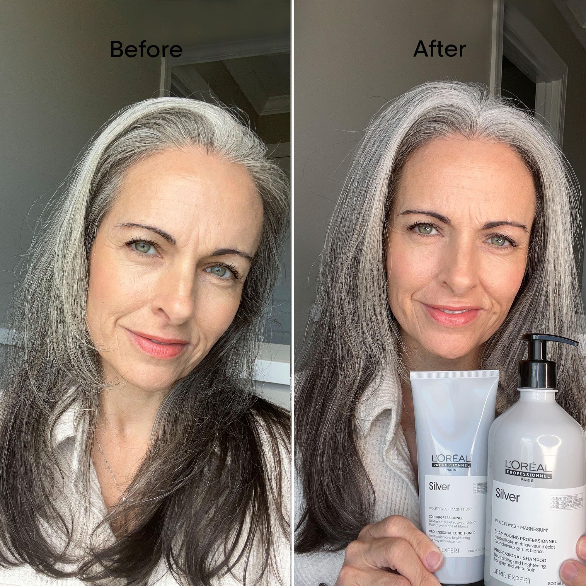 Vergelijking van grijs haar voor en na gebruik van L'Oréal Silver shampoo en conditioner. Duidelijke verbetering.