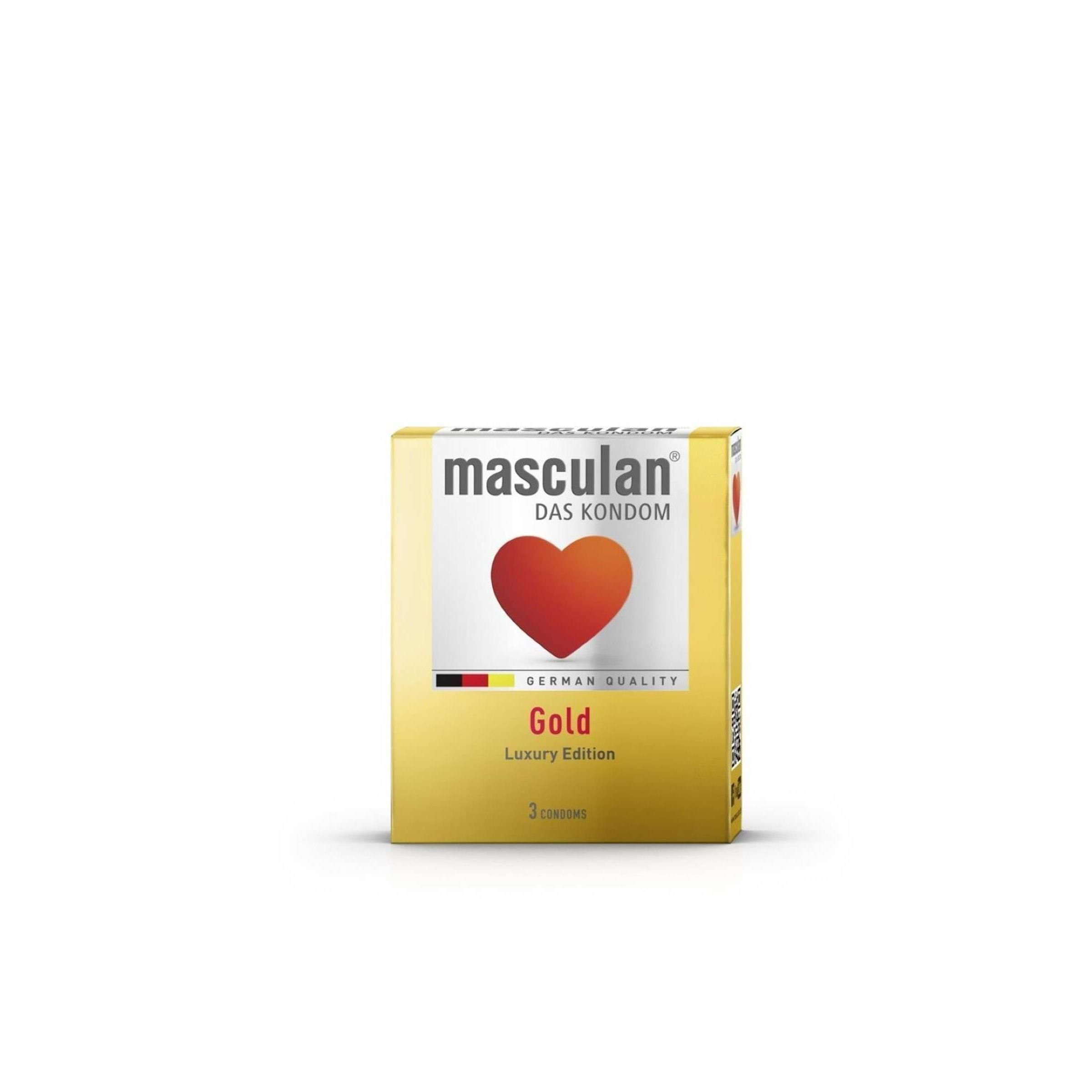 Gouden verpakking met rood hart. Opschrift: Masculan, Das Kondom, German Quality, Gold, Luxury Edition. Bevat 3 condooms.