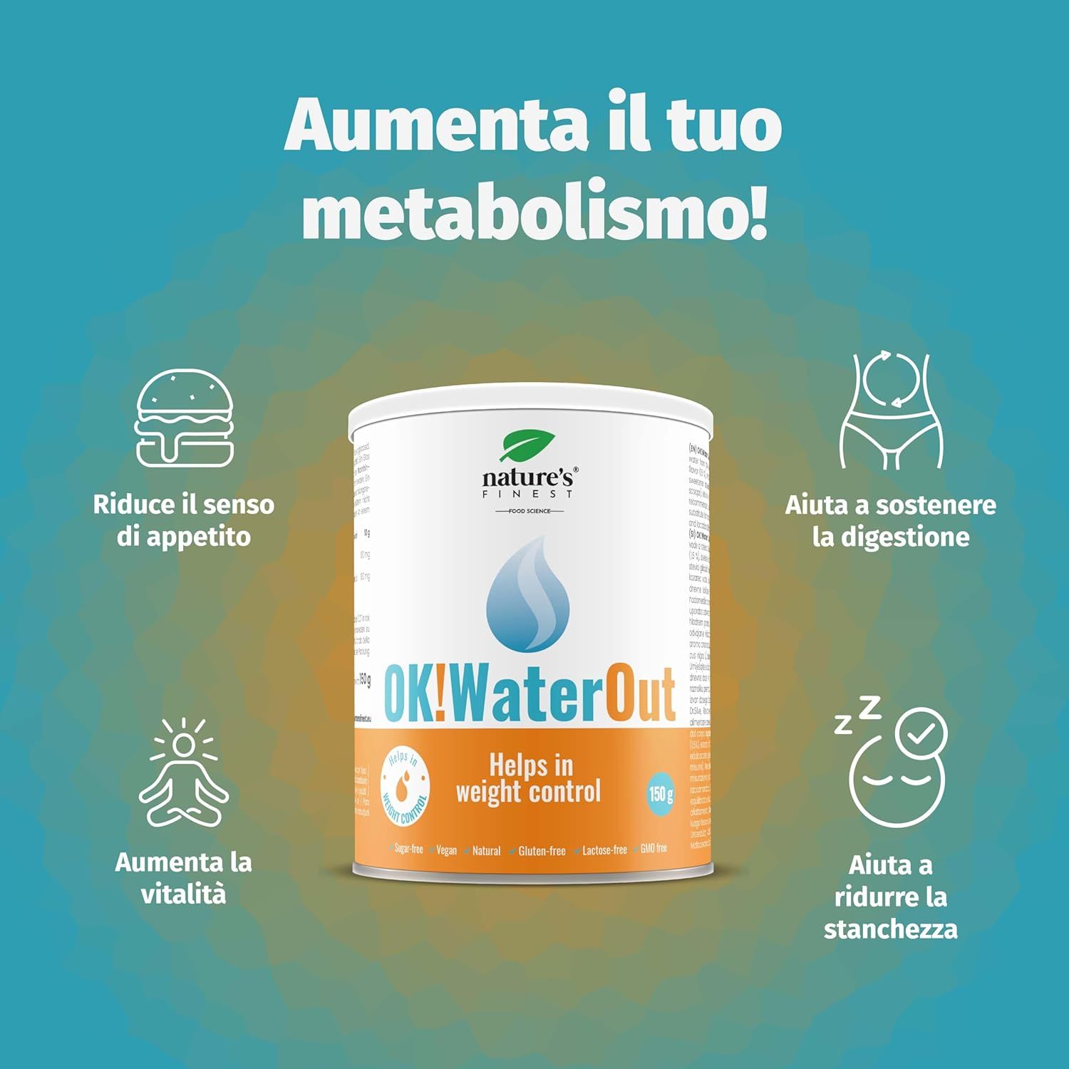 Boîte OK!WaterOut avec informations. Graphiques des avantages du produit. Fond bleu.