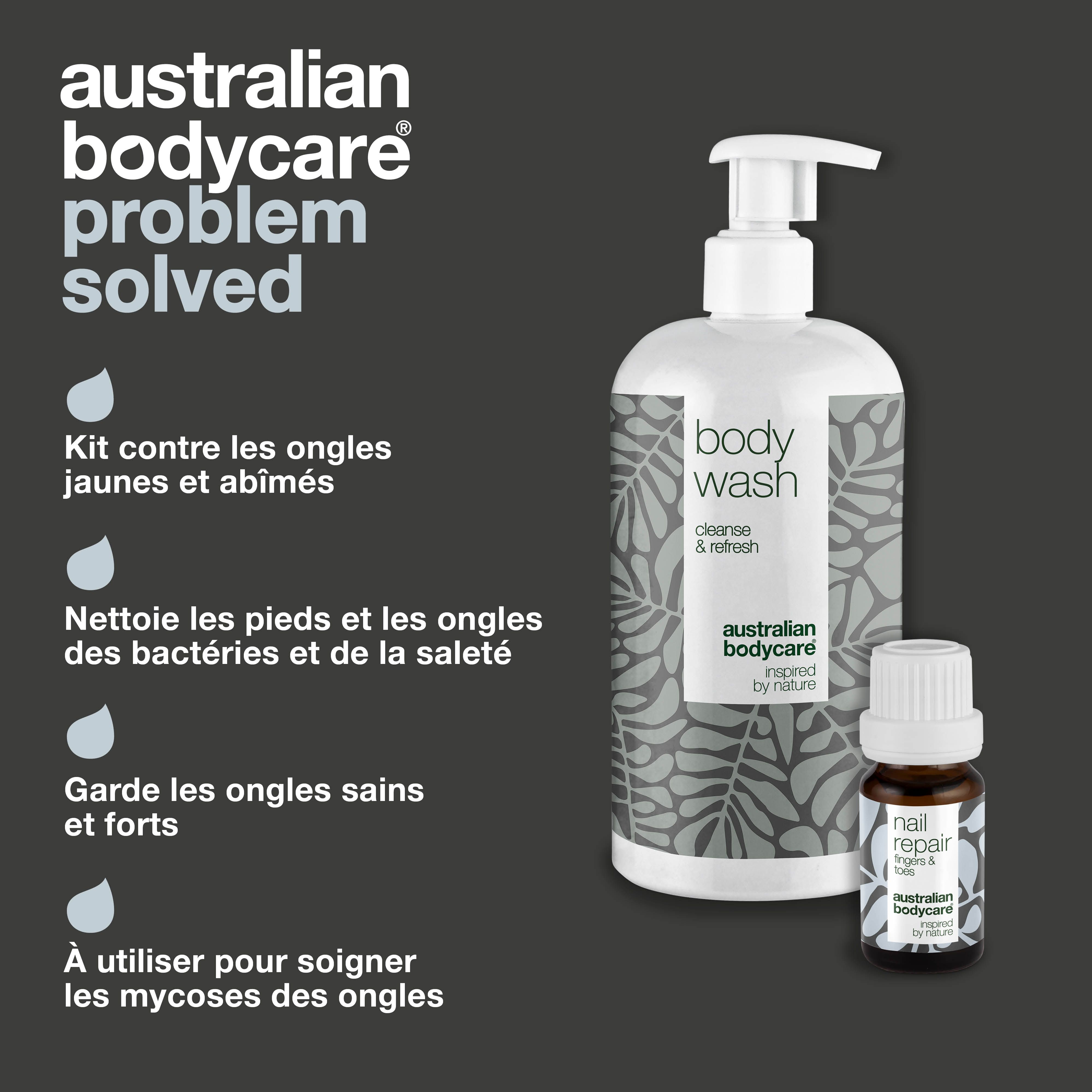 Kit de produits : gel douche et huile ongles. Inscription : Australian Bodycare. Avantages : contre impuretés, soin ongles.
