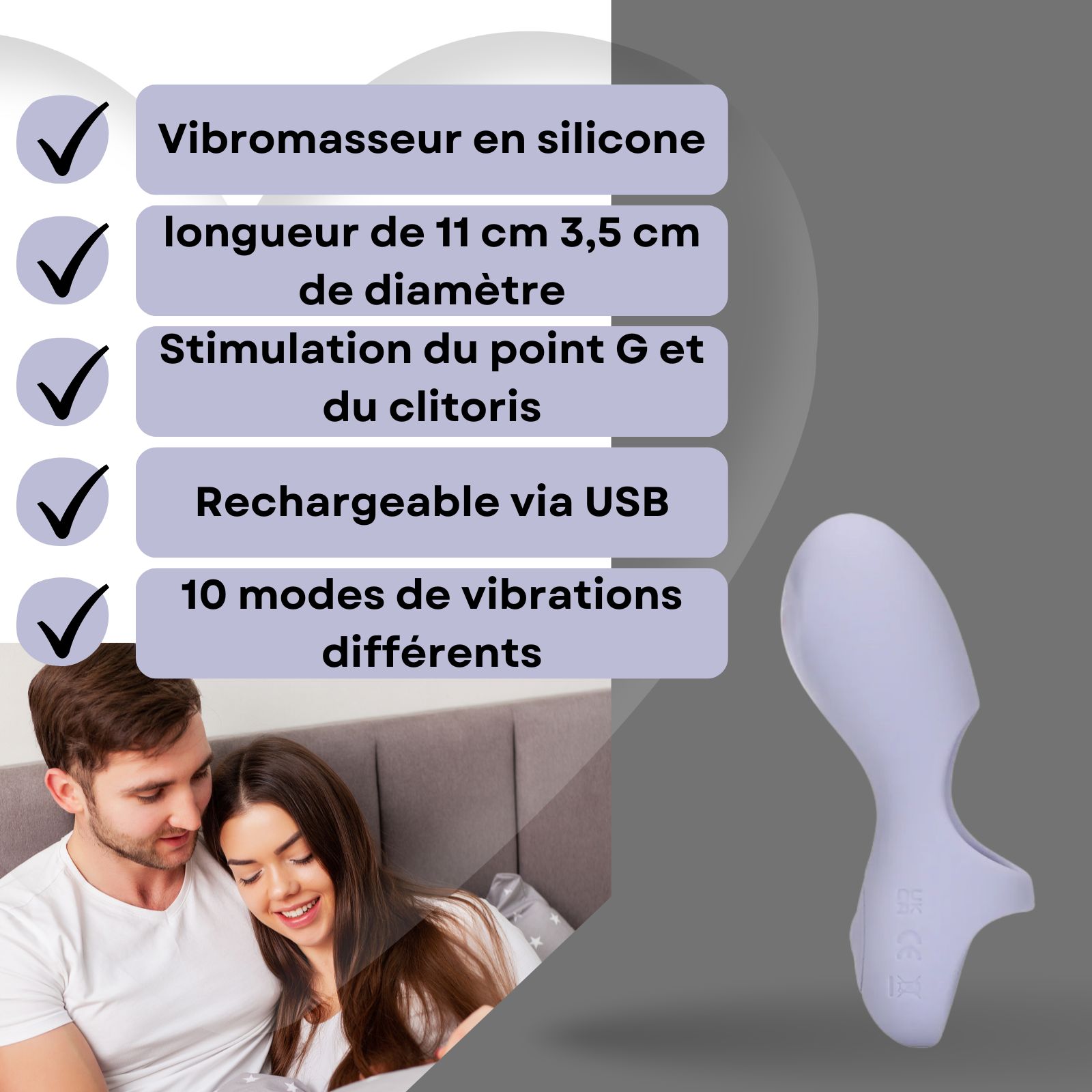 Vibrateur en silicone lilas. 11cm long, 3,5cm diamètre. Rechargeable USB. 10 modes de vibration.