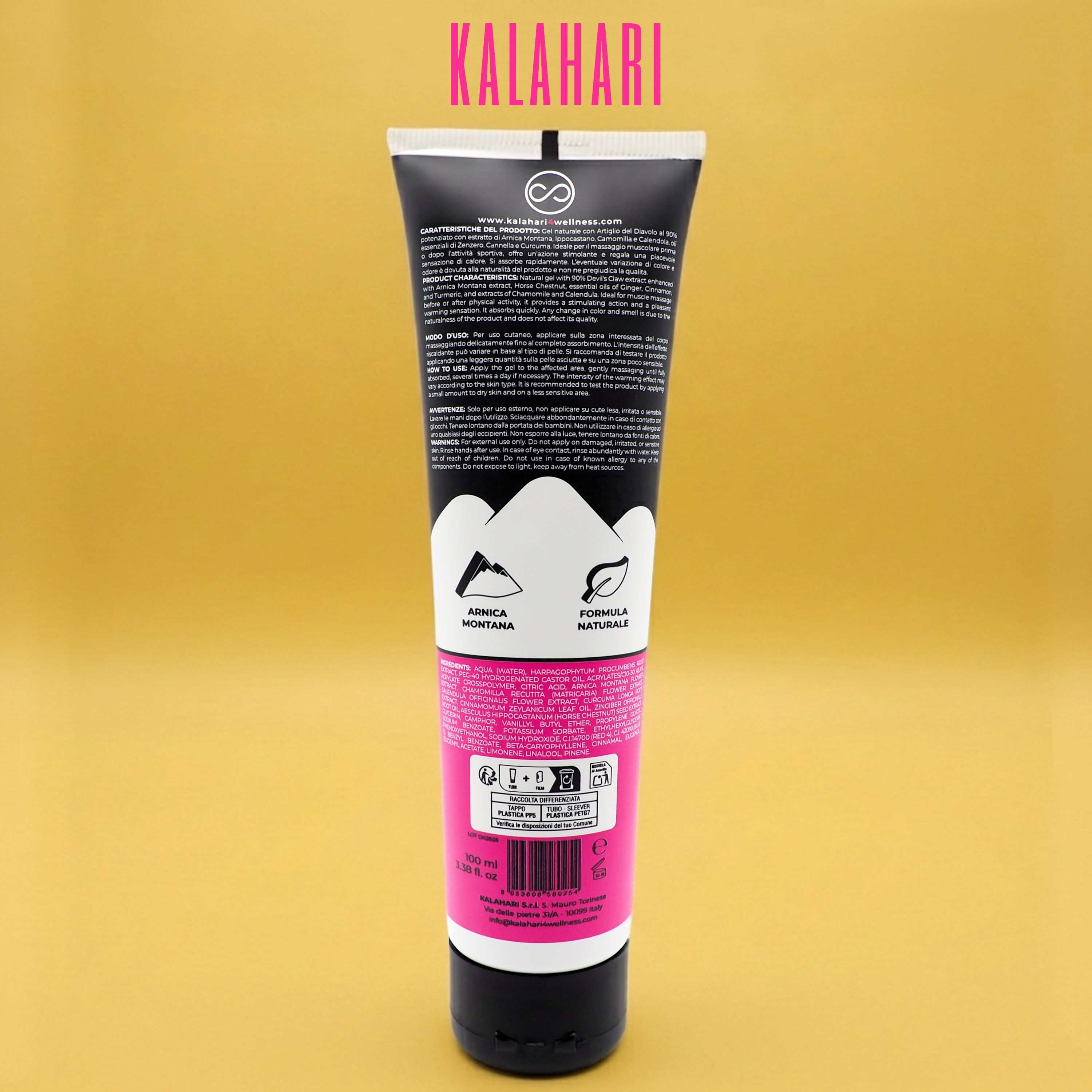 Arrière du tube KALAHARI Artiglio del Diavolo e Arnica Gel avec informations détaillées et ingrédients.