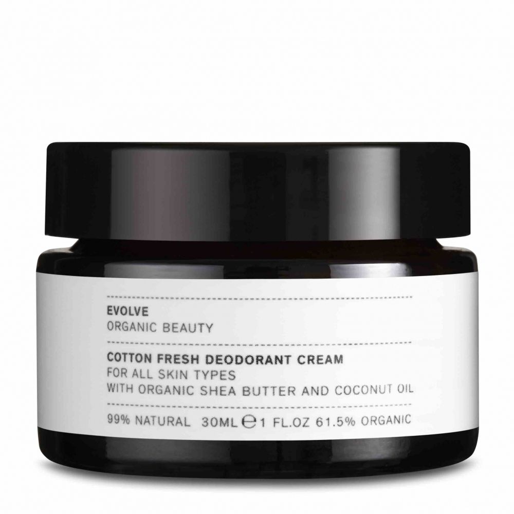 Crèmepot met zwarte deksel. Op het etiket staat: Cotton Fresh Deodorant Cream, voor alle huidtypen, met biologische sheaboter en kokosolie. 30ml.