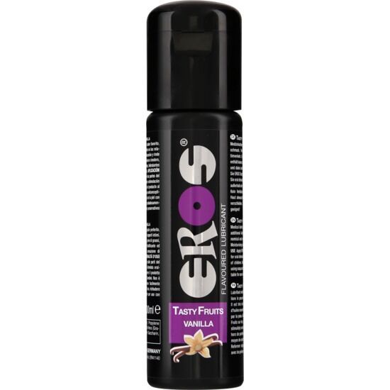 Lubrifiant EROS Tasty Fruits Vanilla dans une bouteille noire avec un capuchon à rabat.