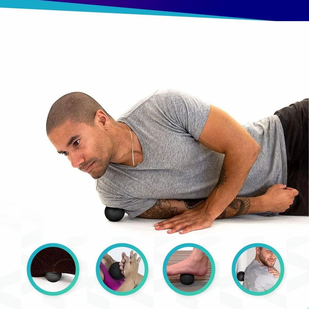 Homme utilise une balle de massage noire au sol. Quatre cercles montrent des applications.