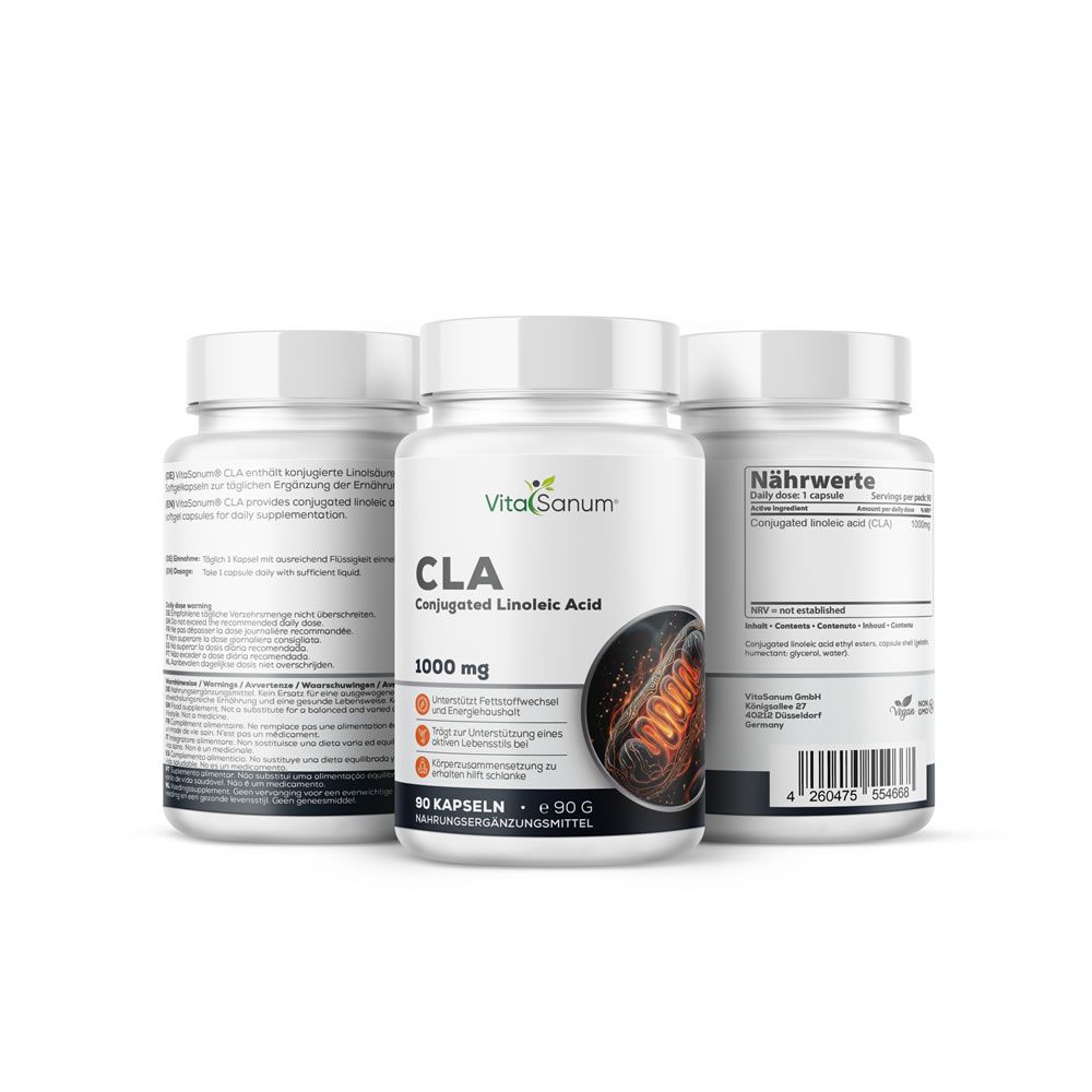 Drie witte flessen VitaSanum CLA. Opschrift CLA, 1000 mg, 90 capsules. Afbeelding van een cel.