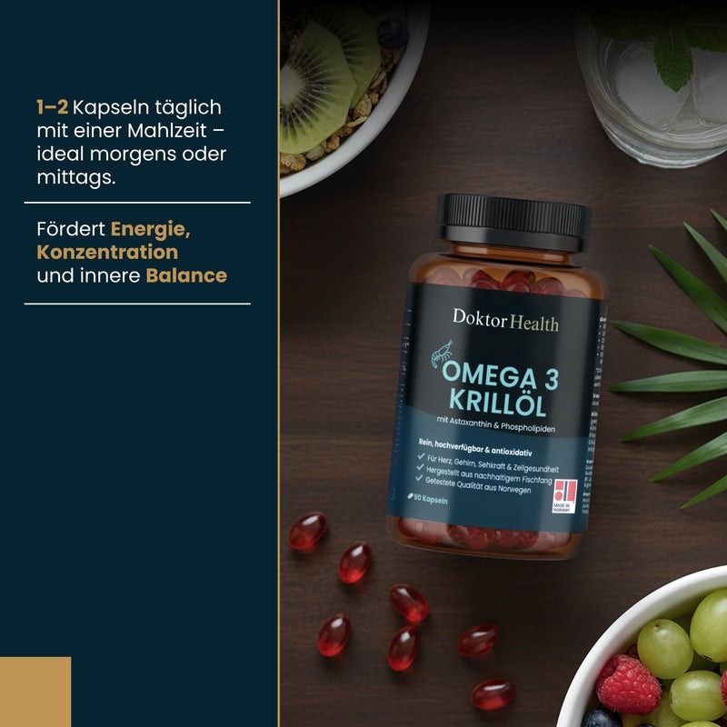 Flacon brun d'Omega-3 Krillöl avec gélules rouges et fruits. Texte: 1-2 gélules par jour. Favorise l'énergie, la concentration.