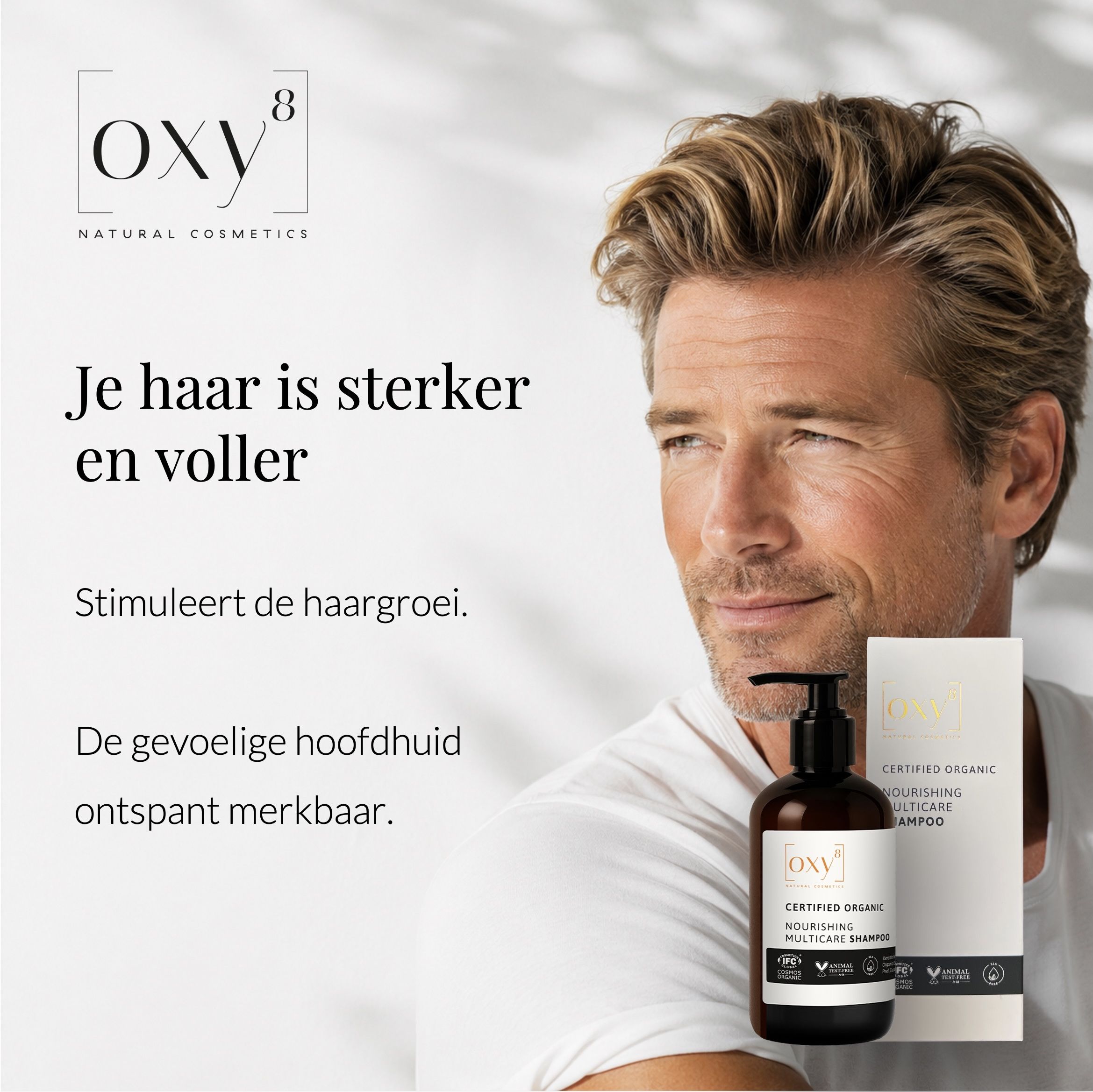 Man met OXY8 Nourishing Multicare Shampoo verpakking