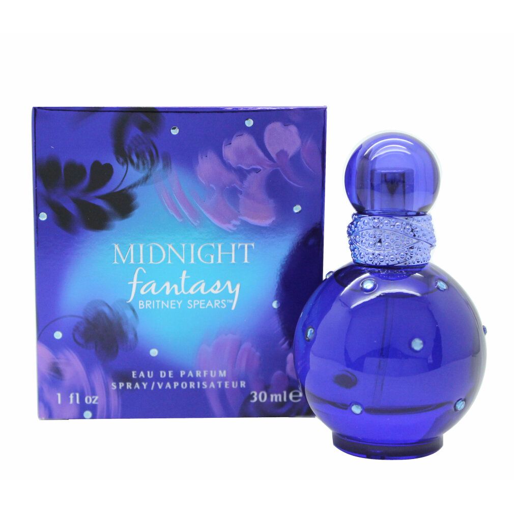 Flacon bleu foncé avec collier et bouchon argentés. Boîte avec nom et logo du produit.