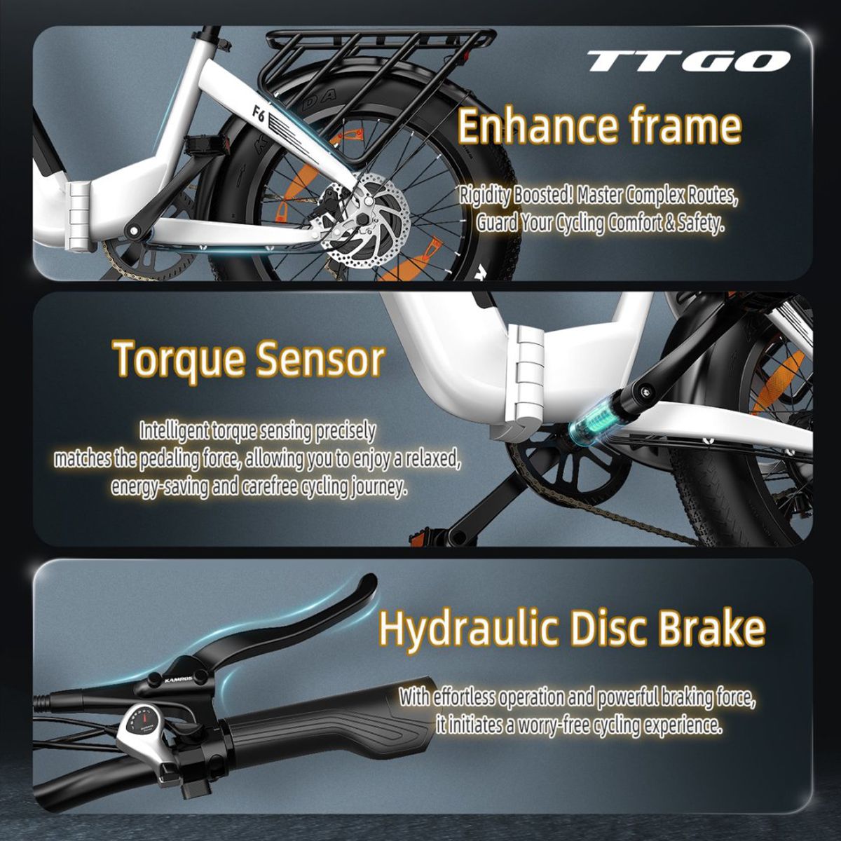 E-bike componenten: frame, koppel sensor, hydraulische schijfrem. Merk TTGO, model F6.