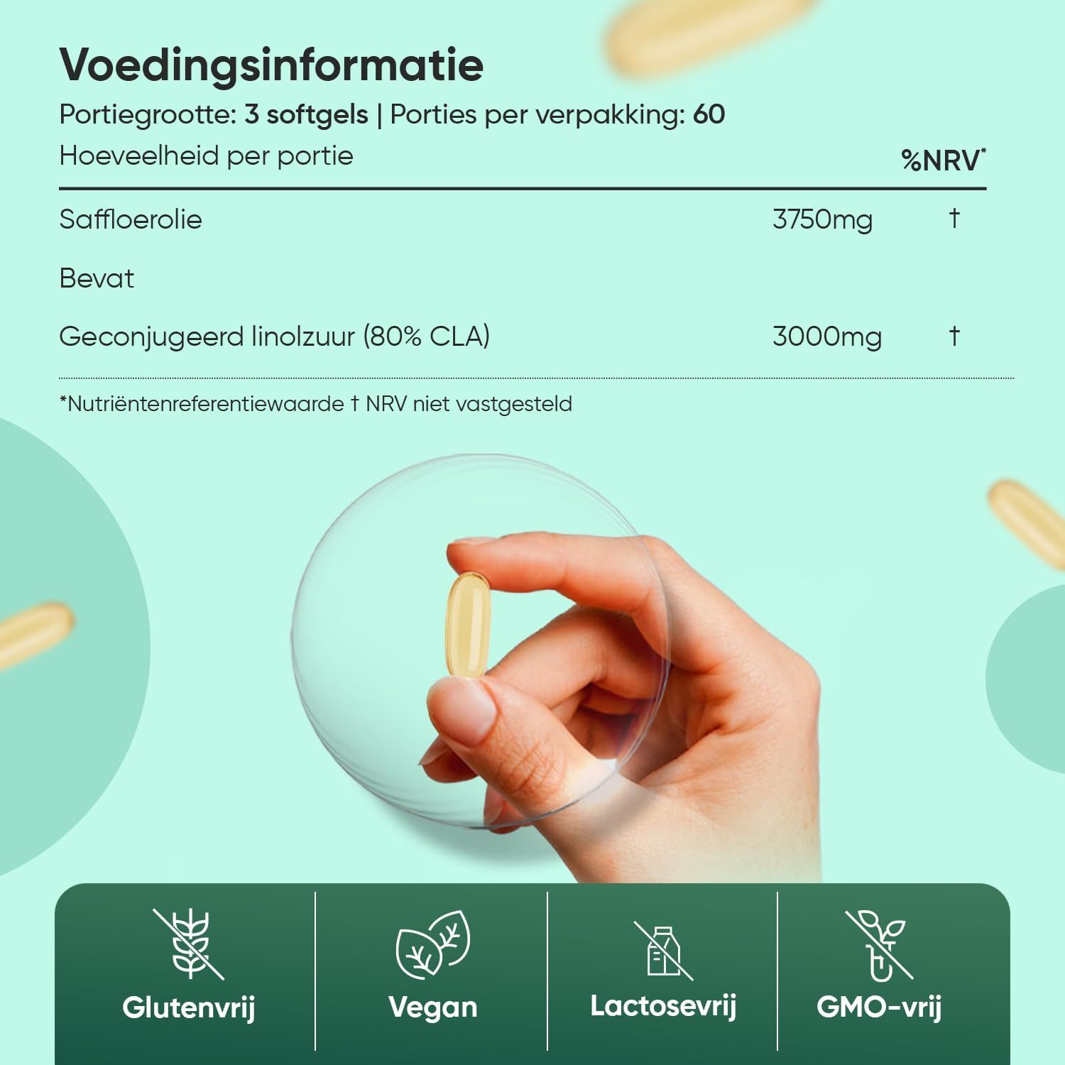 WeightWorld CLA capsules met voedingsinformatie en keurmerken.