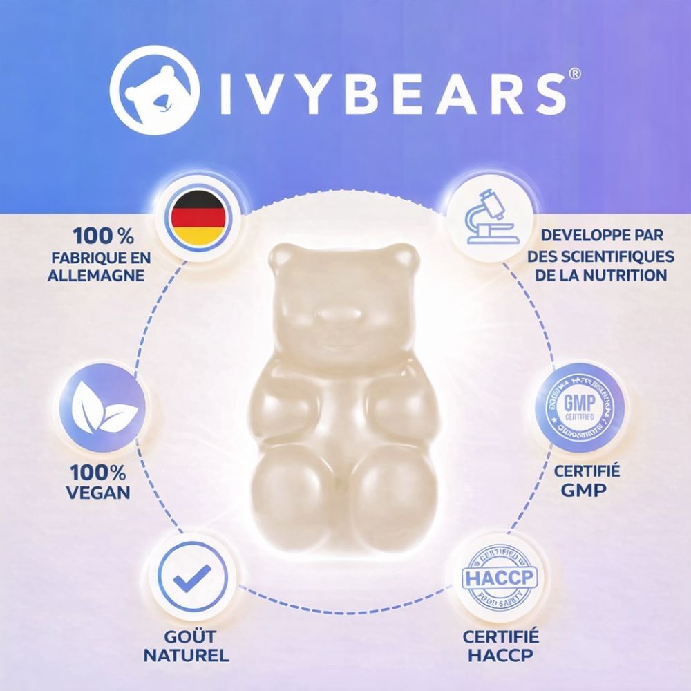 Un seul ourson en gélatine clair. Infographie circulaire avec logos et texte : 100% végétalien, certifié GMP, etc.