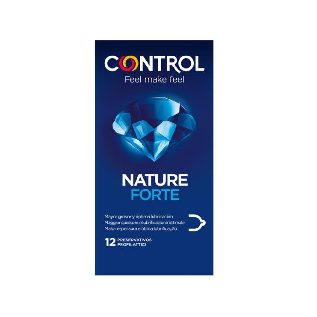 Boîte de préservatifs Control Nature Forte, 12 unités, boîte bleue avec graphique diamant.