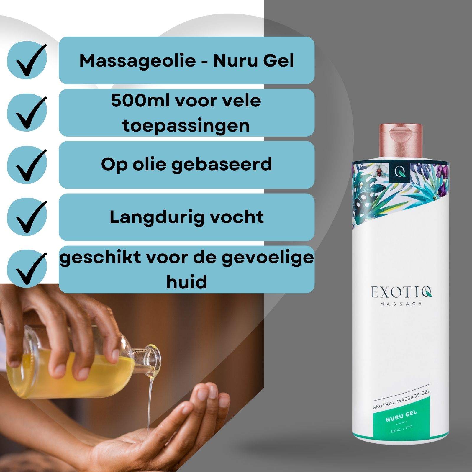 Gel wordt gegoten. Witte fles. Opschrift: EXOTIQ MASSAGE. Roze dop. Bloemenpatroon.