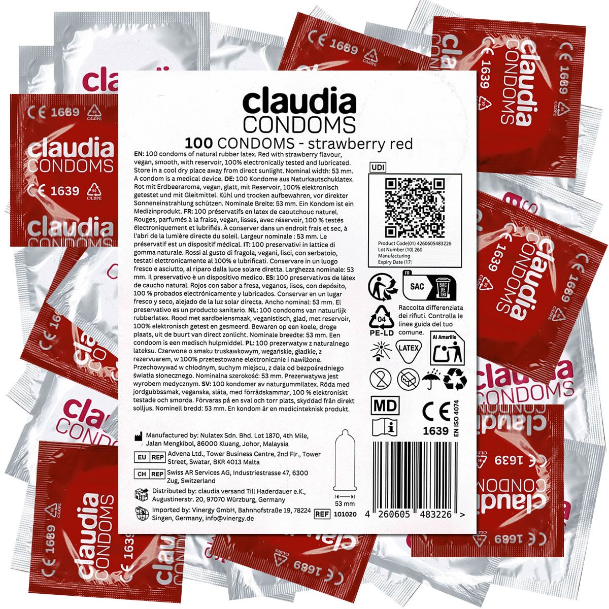 100 préservatifs Claudia, Rouge Fraise, en latex de caoutchouc naturel, avec réservoir.